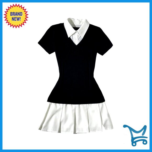 Dresses & Skirts - Pleated A-Line Mini Dress Short Sleeve Fitted Collar Office Work Dress